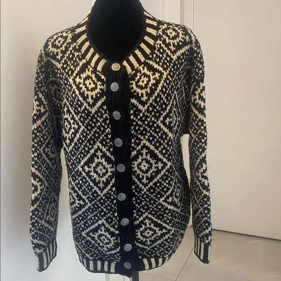 CADAGREN HANDKNITS Black & Cream Wool mix Button Down Cardigan Size Large - Picture 1 of 17